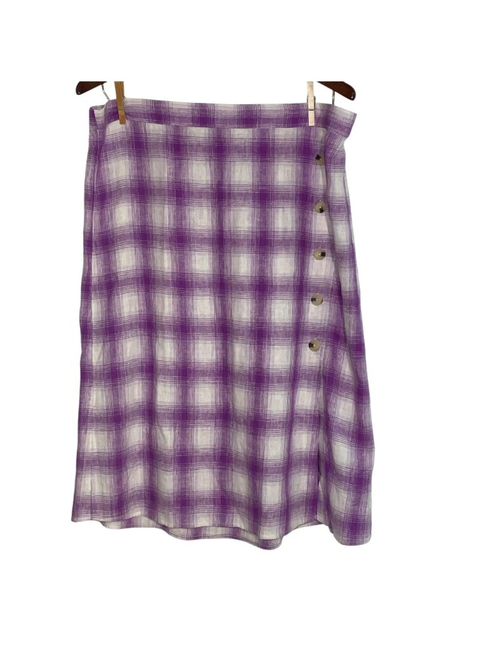 LOFT Outlet Plaid Linen Blend Pull On Midi Skirt Purple Sz XL Button Accent